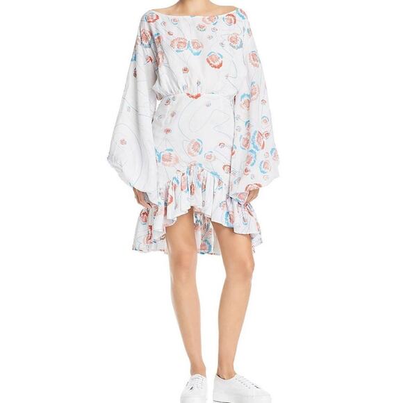 Mochi Sheryn Dress White Embroidered Balloon Sleeve Ruffle Hi-Low Mini Size S - Picture 1 of 10